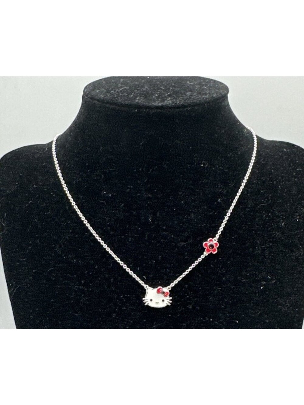 Hello Kitty Necklace Sanrio Head Silver Plate Over Brass Bow Crystal 18”